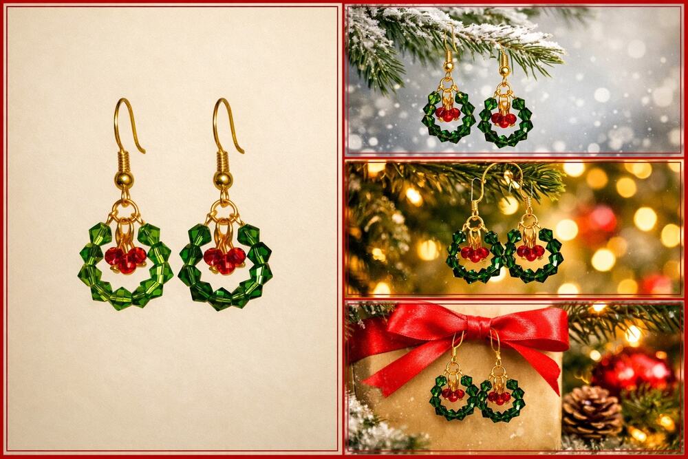 Handmade Glass Wreath Gold Earrings: Holiday Festive #C4